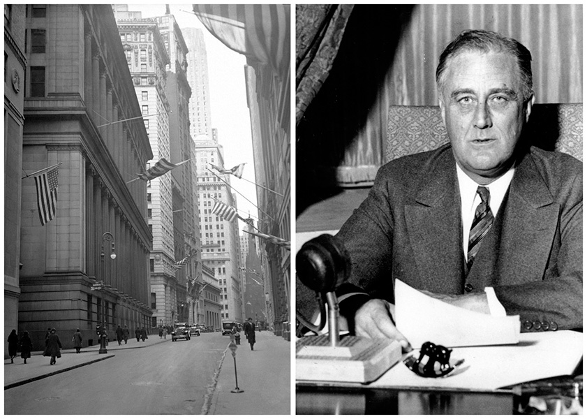 Two photos; the image to the left shows New York’s deserted financial district during the bank holiday of March 1933, while the image to the right shows President Franklin Roosevelt giving a fireside chat to the American people.